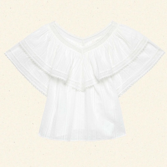 Doen Cosenza Cotton Ruffle V Neck Short Sleeve Blouse Top Salt White - Picture 14 of 15